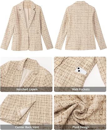 GRAPENT Tweed Blazers for Women Plaid Jacket Long Sleeve Work Casual Blazer Notched Lapel, Fully Lined, Shoulder Pads, Single Button, 2 Pockets, Interview, Office outfits, Business Casual Blazers