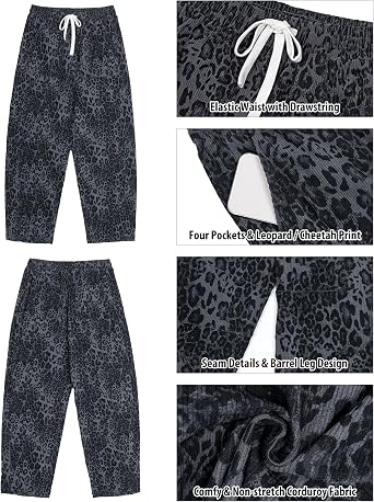 GRAPENT Womens Barrel Corduroy Pants Leopard Cheetah Elastic Waist Trousers Pull On Pants, Barrel Leg, Ankle Length, High Waist with Drawstring, Relaxed Fit, Comfy Fall Winter Pants, Casual Outfits