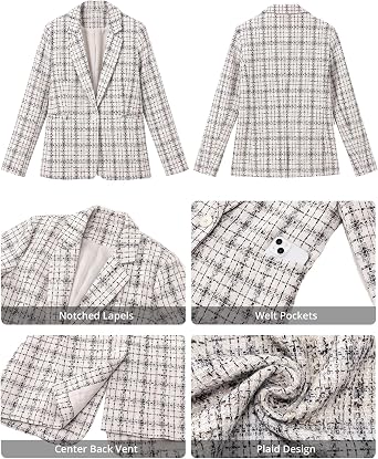 GRAPENT Tweed Blazers for Women Plaid Jacket Long Sleeve Work Casual Blazer Notched Lapel, Fully Lined, Shoulder Pads, Single Button, 2 Pockets, Interview, Office outfits, Business Casual Blazers