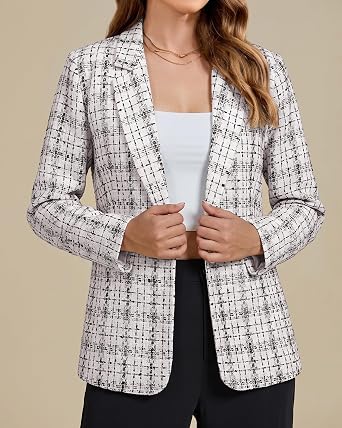 GRAPENT Tweed Blazers for Women Plaid Jacket Long Sleeve Work Casual Blazer Notched Lapel, Fully Lined, Shoulder Pads, Single Button, 2 Pockets, Interview, Office outfits, Business Casual Blazers
