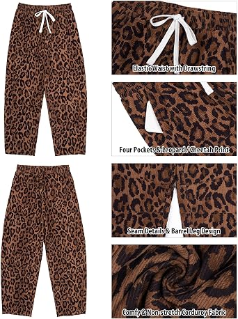 GRAPENT Womens Barrel Corduroy Pants Leopard Cheetah Elastic Waist Trousers Pull On Pants, Barrel Leg, Ankle Length, High Waist with Drawstring, Relaxed Fit, Comfy Fall Winter Pants, Casual Outfits