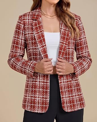 GRAPENT Tweed Blazers for Women Plaid Jacket Long Sleeve Work Casual Blazer Notched Lapel, Fully Lined, Shoulder Pads, Single Button, 2 Pockets, Interview, Office outfits, Business Casual Blazers