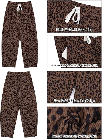 GRAPENT Womens Barrel Corduroy Pants Leopard Cheetah Elastic Waist Trousers Pull On Pants, Barrel Leg, Ankle Length, High Waist with Drawstring, Relaxed Fit, Comfy Fall Winter Pants, Casual Outfits