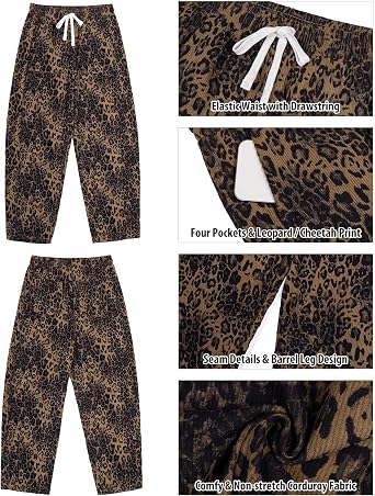 GRAPENT Womens Barrel Corduroy Pants Leopard Cheetah Elastic Waist Trousers Pull On Pants, Barrel Leg, Ankle Length, High Waist with Drawstring, Relaxed Fit, Comfy Fall Winter Pants, Casual Outfits