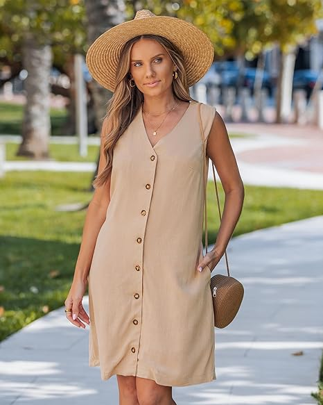 GPAPENT Linen Dresses for Women Summer Casual Sleeveless Button Down V Neck Pocket Self Tie Knee Length Loose Sun Dress