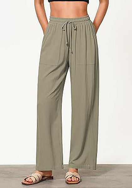 GRAPENT Linen Pants for Women Wide Leg High Waisted Baggy Drawstring Elastic Waist Palazzo Trousers Pants with Pockets