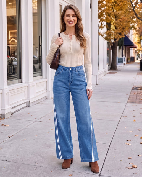 GRAPENT Wide Leg Jeans for Women High Rise Track Stripe Stretch Denim Pants Womens Jeans High Waisted, Full Length, 29.5" Inseam, Classic 5 Pockets, 90s Baggy Style, Country Concert, Work Casual Outfit