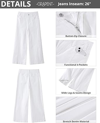 GRAPENT Wide Leg Jeans Woman Trendy Cropped High Waisted Front Seam Casual Stretchy Denim Trouser Jeans with Pockets