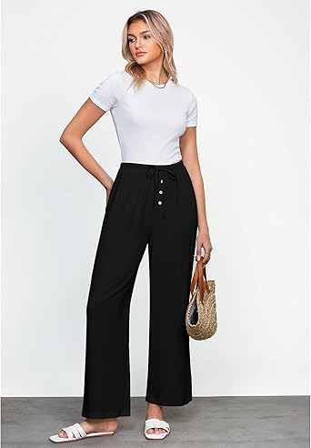 GRAPENT Linen Wide Leg Pants Woman High Waisted Pull On Button Drawstring Baggy Casual Summer Palazzo Pants with Pockets