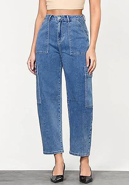 GRAPENT Barrel Jeans for Women Trendy High Waisted Cropped Cargo Pocket Baggy Stretch Denim Pants Wide Leg Tapered Jeans