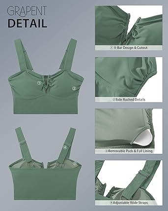 GRAPENT Bikini Tops for Women Cropped Tankini Tops Beach V Bar Padded Ruched Adjustable Strap Swimsuit Swim Top Only