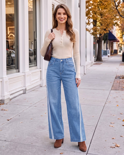 GRAPENT Wide Leg Jeans for Women High Rise Track Stripe Stretch Denim Pants Womens Jeans High Waisted, Full Length, 29.5" Inseam, Classic 5 Pockets, 90s Baggy Style, Country Concert, Work Casual Outfit