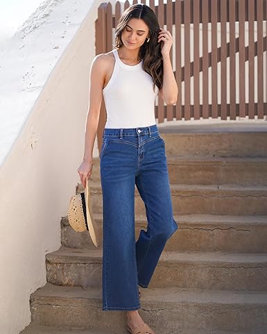 Grapent Women's Cowboy Jean Wide Leg Ankle Vintage Denim Pant Sculpting