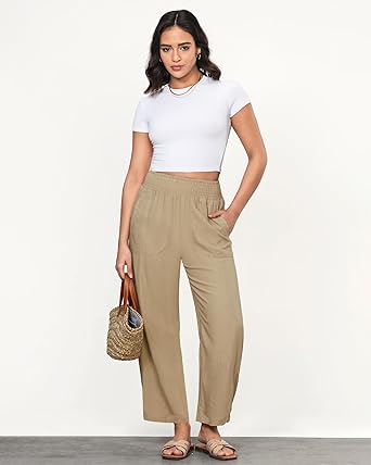 GRAPENT Linen Pants Women Wide Leg High Waisted Cropped Barrel Pull On Smocked Elastic Waist Summer Pants with Pockets
