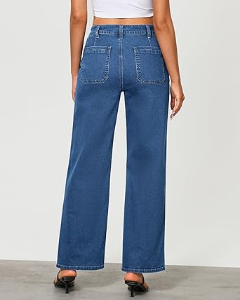GRAPENT Wide Leg Jeans for Women Trendy High Waisted Loose Straight Leg Stretchy Retro Denim Pants with Pouch Pockets