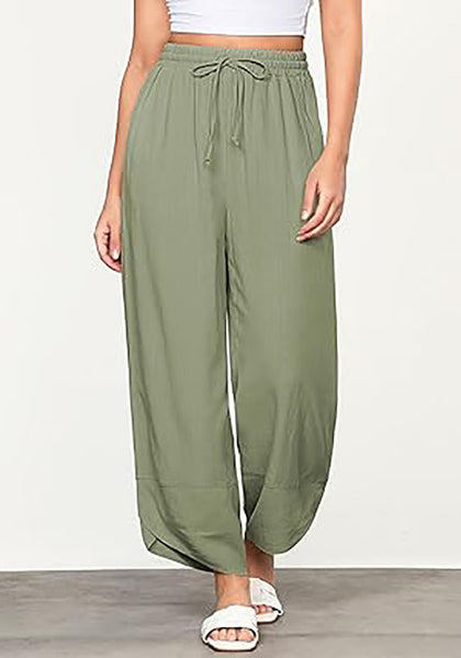GRAPENT Linen Pants Women High Waisted Wide Leg Casual Beach Pull On Elastic Waist Summer Cropped Pants with Pockets
