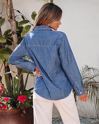 GRAPENT Women's Shirt Rugged Button Down Loose Durable Classic Fitted Denim Blouse Top