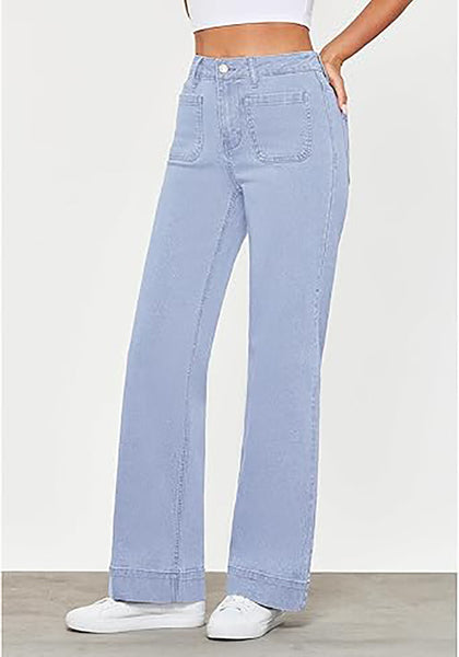 GRAPENT Women's Full Length Stretch Denim Regular Jeans High Waisted Bell Bottom