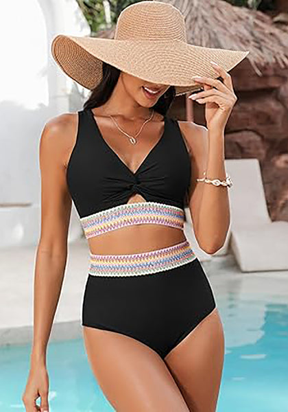 GRAPENT Bikini Sets for Women High Waisted Two Piece Swimsuit Padded Knot Twist Cut Out Color Block Bathing Suit Bikinis