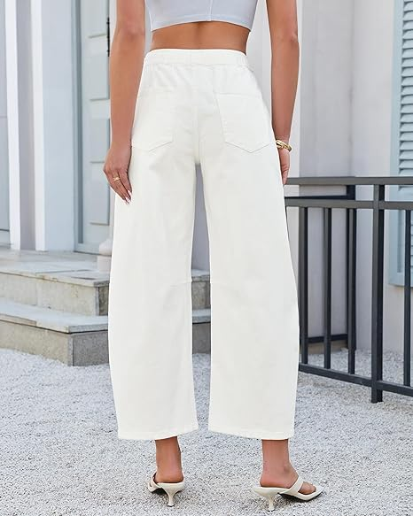 GRAPENT Barrel Jeans for Women Trendy High Waisted Cropped Baggy Wide Leg Pull On Elastic Waist Stretchy Denim Pants