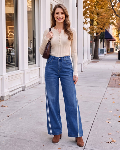 GRAPENT Wide Leg Jeans for Women High Rise Track Stripe Stretch Denim Pants Womens Jeans High Waisted, Full Length, 29.5" Inseam, Classic 5 Pockets, 90s Baggy Style, Country Concert, Work Casual Outfit