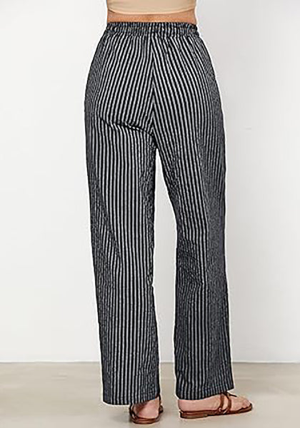 GRAPENT Striped Pants for Women High Waisted Wide Leg Cotton Linen Trendy Beach Pull on Elastic Waist Casual Flowy Pants