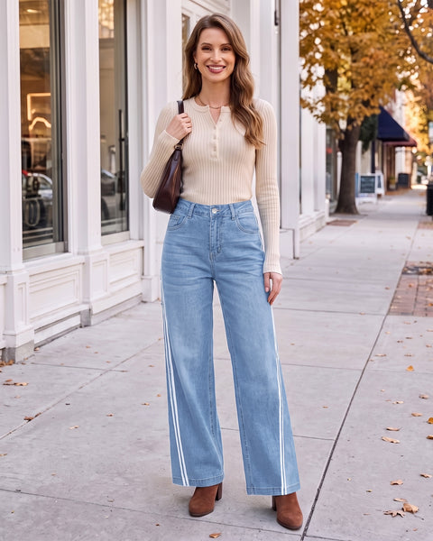 GRAPENT Wide Leg Jeans for Women High Rise Track Stripe Stretch Denim Pants Womens Jeans High Waisted, Full Length, 29.5" Inseam, Classic 5 Pockets, 90s Baggy Style, Country Concert, Work Casual Outfit