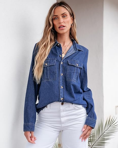 Grapent Women's Supima Cotton Wrinkle-free Relaxed Fit  Button Shirt Workwear-inspired Denim Shirt