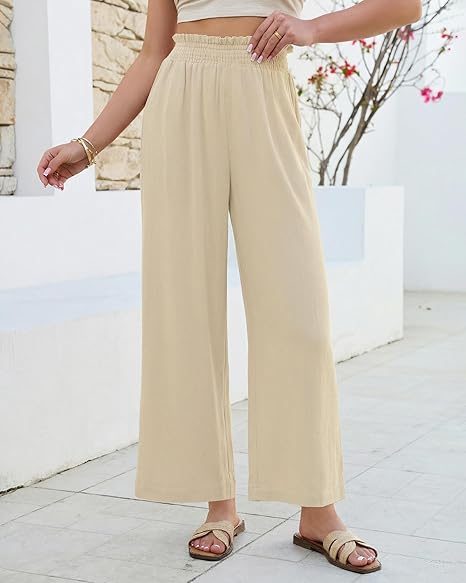 GRAPENT Linen Pants for Women Wide Leg High Waisted Paper Bag Smocked Waist Casual Summer Beach Vacation Palazzo Pants