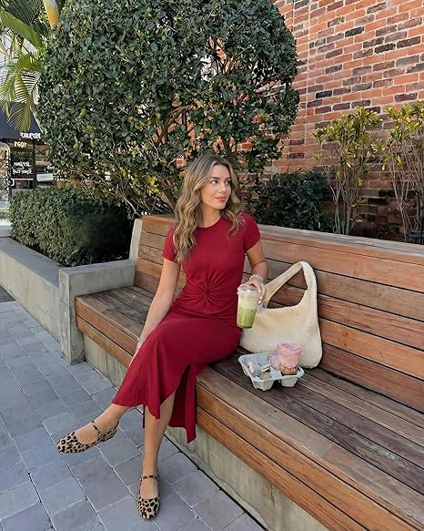 GRAPENT Long Dresses for Women Summer Casual Side Slit Twist Front 2026 Beach Vacation Short Sleeve Comfy Tshirt Dress