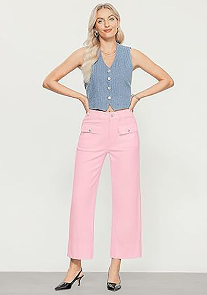 GRAPENT Wide Leg Jeans for Women Trendy High Waisted Straight Leg Cropped Stretchy Denim Pants with Retro Patch Pockets