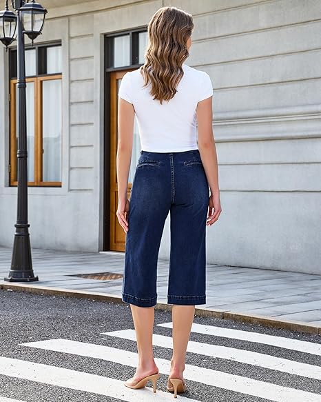 GRAPENT Capri Jeans for Women Wide Leg Trendy High Waisted Side Seam Stretchy Denim Capris Pants Summer Casual Jeans