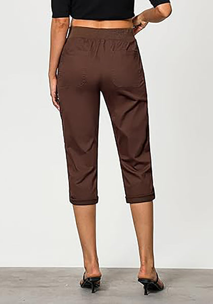 GRAPENT Capri Cargo Pants for Women High Waisted Pull On Elastic Waist Stretch Twill Fold Hem Capris Pants with Pockets