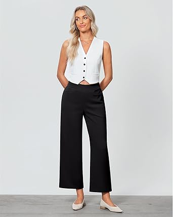 GRAPENT Cropped Pants for Women Trendy Business Casual High Waisted Pull On Wide Leg Stretchy Dress Pants with Pockets