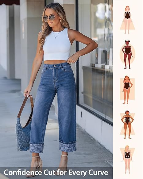 Grapent Women's High Waisted Cropped Wide Leg Jeans Trendy Printed Design Fold Hem Loose Straight Leg Stretchy Denim Pants Casual Daily Fashion Trousers