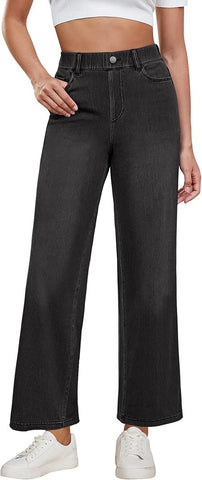 Grapent Women's Ultra Comfortable High Waisted Wide Leg Jeans Stretchy Pull On Pants with Handy Pockets