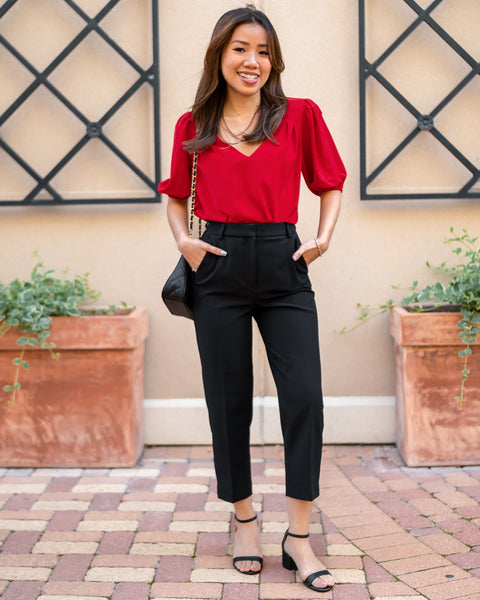 GRAPENT Business Casual Tops for Women Work Blouses Dressy Short Puff Sleeve Office Pleated V Neck Trendy Summer Blouse