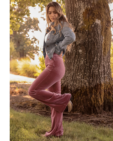 GRAPENT Flare Velvet Pants for Women High Waisted Wide Leg Stretch Elastic Waist Pull On Trousers Front Seam Slacks