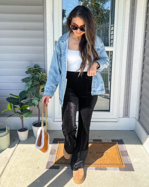 GRAPENT Flare Velvet Pants for Women High Waisted Wide Leg Stretch Elastic Waist Pull On Trousers Front Seam Slacks