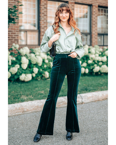GRAPENT Flare Velvet Pants for Women High Waisted Wide Leg Stretch Elastic Waist Pull On Trousers Front Seam Slacks
