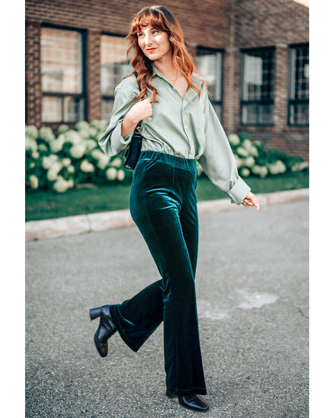 GRAPENT Flare Velvet Pants for Women High Waisted Wide Leg Stretch Elastic Waist Pull On Trousers Front Seam Slacks