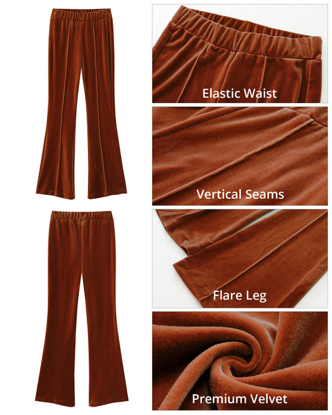 GRAPENT Flare Velvet Pants for Women High Waisted Wide Leg Stretch Elastic Waist Pull On Trousers Front Seam Slacks