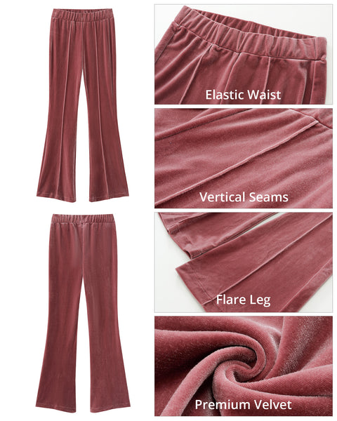 GRAPENT Flare Velvet Pants for Women High Waisted Wide Leg Stretch Elastic Waist Pull On Trousers Front Seam Slacks