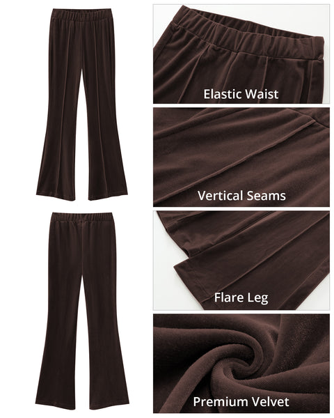 GRAPENT Flare Velvet Pants for Women High Waisted Wide Leg Stretch Elastic Waist Pull On Trousers Front Seam Slacks