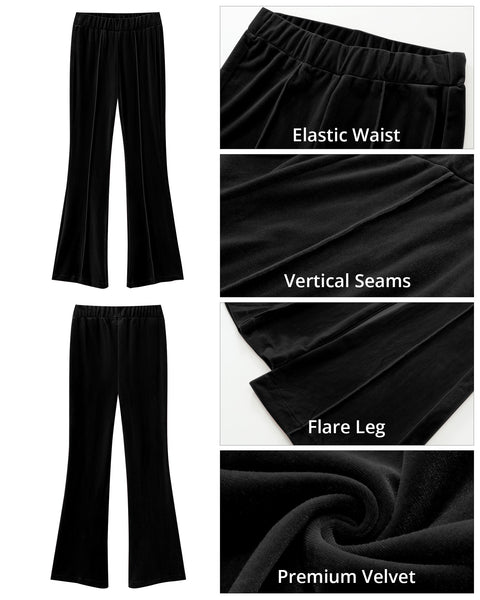 GRAPENT Flare Velvet Pants for Women High Waisted Wide Leg Stretch Elastic Waist Pull On Trousers Front Seam Slacks