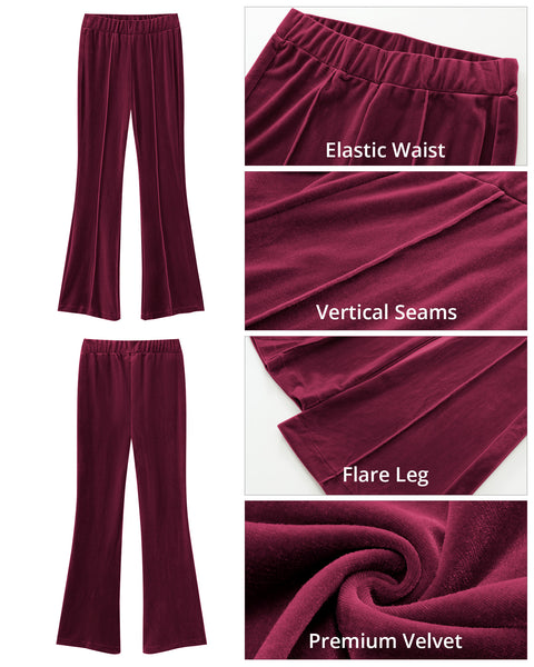 GRAPENT Flare Velvet Pants for Women High Waisted Wide Leg Stretch Elastic Waist Pull On Trousers Front Seam Slacks