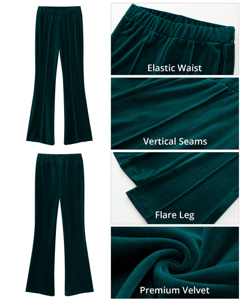 GRAPENT Flare Velvet Pants for Women High Waisted Wide Leg Stretch Elastic Waist Pull On Trousers Front Seam Slacks