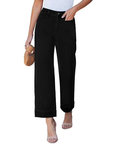GRAPENT Wide Leg Jeans for Women Cropped High Waisted Trendy Patch Pocket Baggy Loose Straight Leg Stretchy Denim Pants