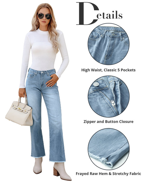 GRAPENT Straight Leg Jeans for Women High Waisted Stretchy Frayed Raw Hem Loose Denim Pants Casual Baggy Jean Trousers