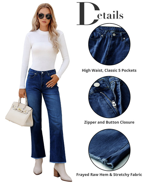 GRAPENT Straight Leg Jeans for Women High Waisted Stretchy Frayed Raw Hem Loose Denim Pants Casual Baggy Jean Trousers